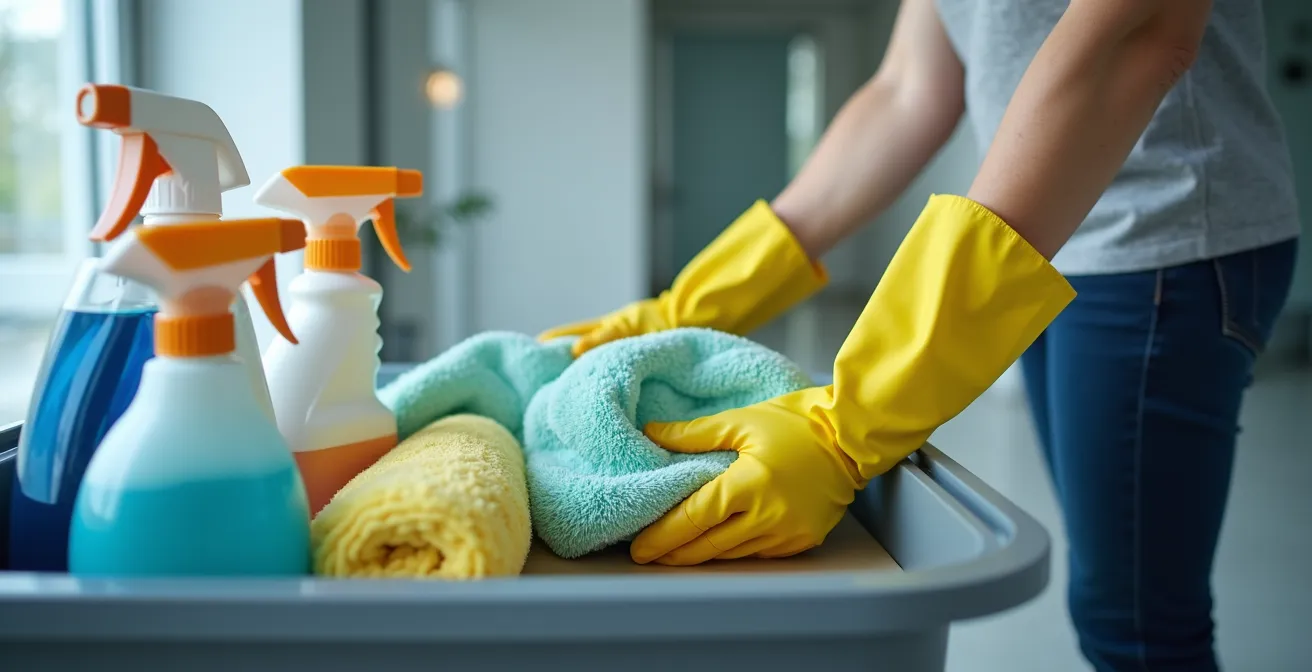 Professional janitorial cart with color-coded supplies organized in a Quebec office setting