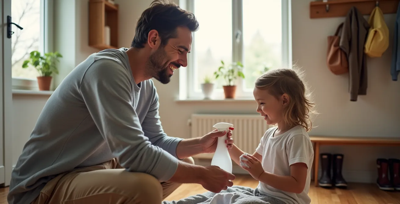 Parent and child cleaning mudroom together with natural products