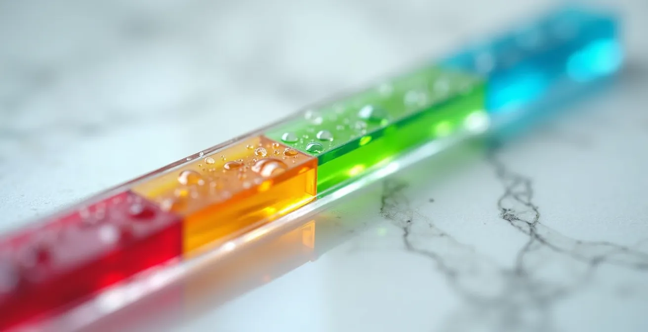 Close-up of pH test strip showing color gradient from acidic red to neutral green to alkaline blue