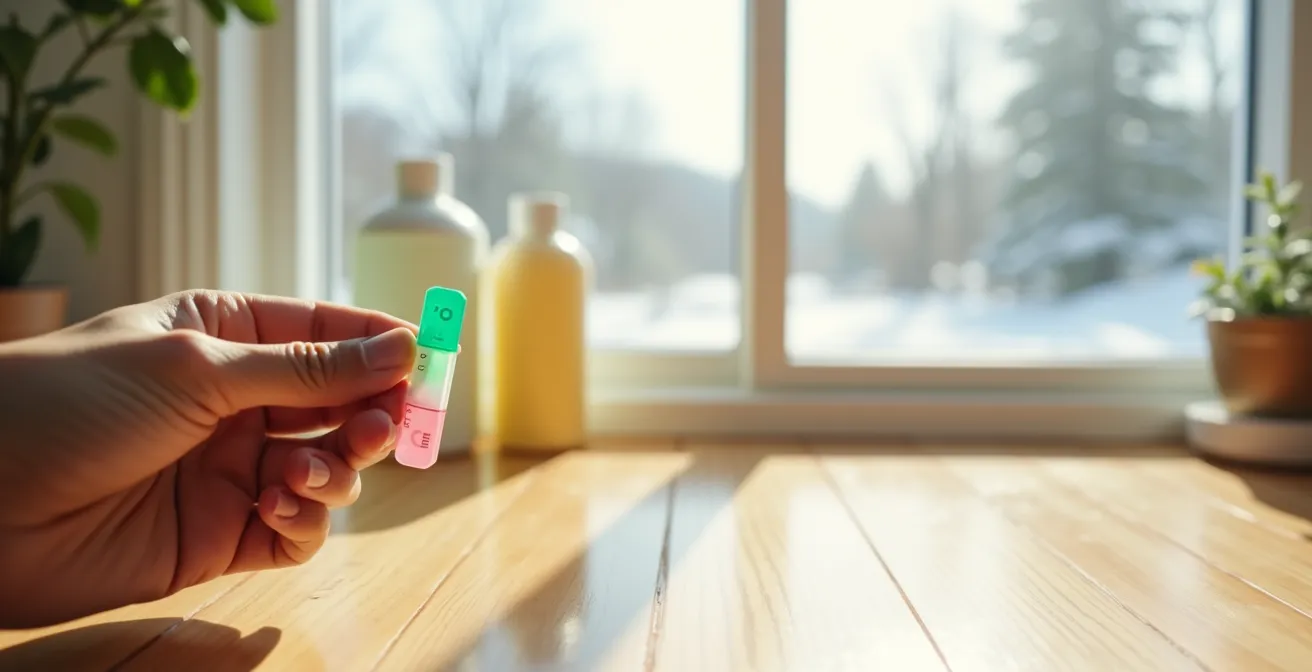 Hand holding pH test strip next to cleaning solution bottles on wooden surface