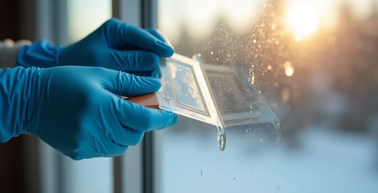 A person's gloved hands using a plastic scraper tool to safely remove sticky adhesive from a glass surface.