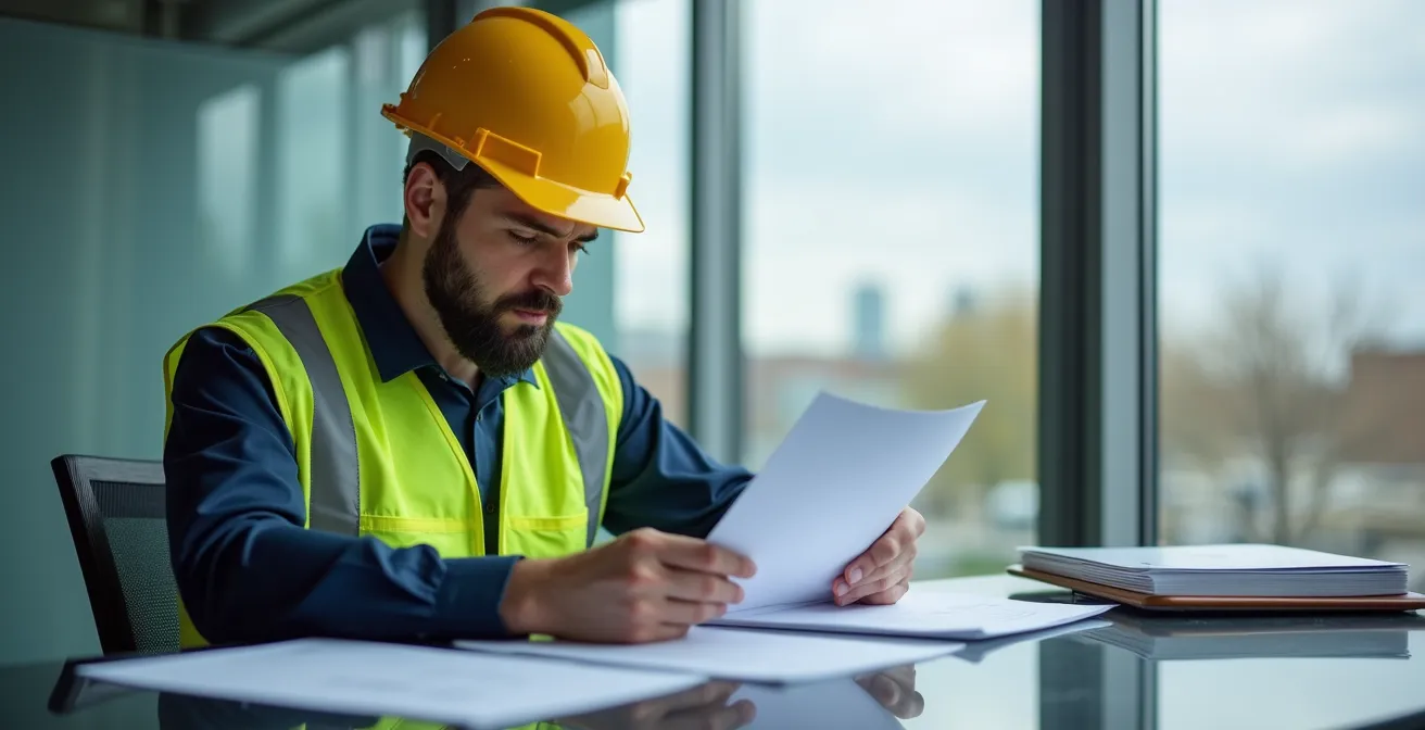 Safety professional reviewing documentation in a clean Montreal office environment