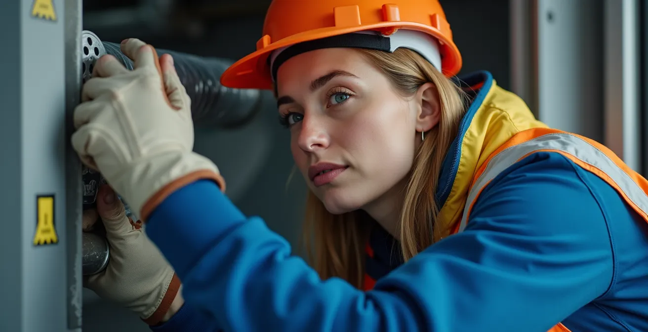 Professional technician cleaning dryer vents in a Quebec condominium utility room
