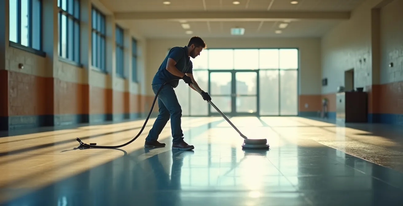 Professional applying floor wax with T-bar applicator in Quebec commercial facility