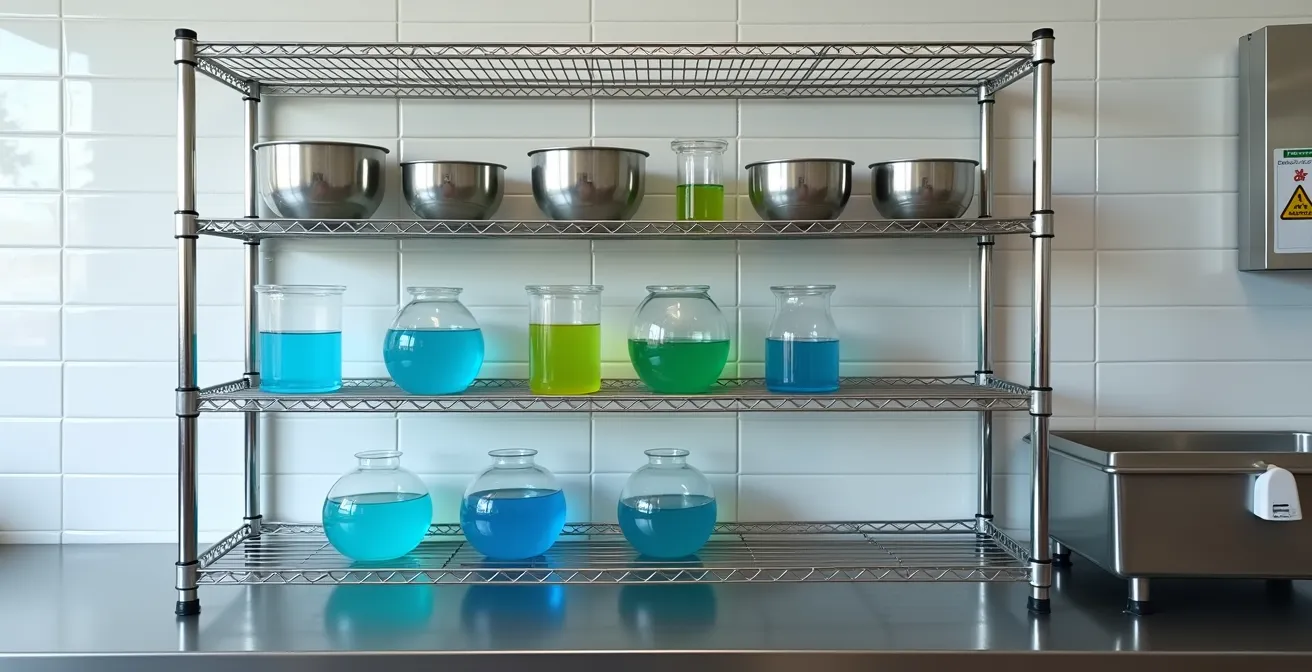 Wide shot of organized chemical storage area below food prep surfaces in commercial kitchen