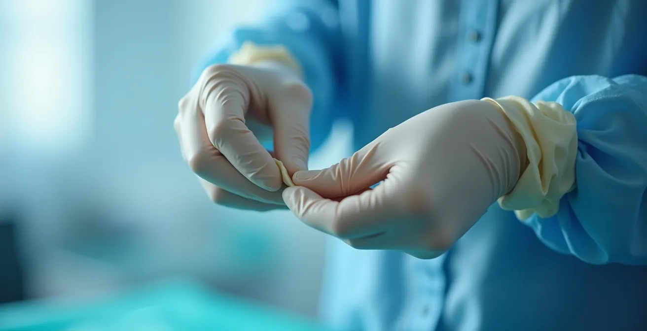 Macro close-up of gloved hands demonstrating proper PPE removal technique to avoid contamination