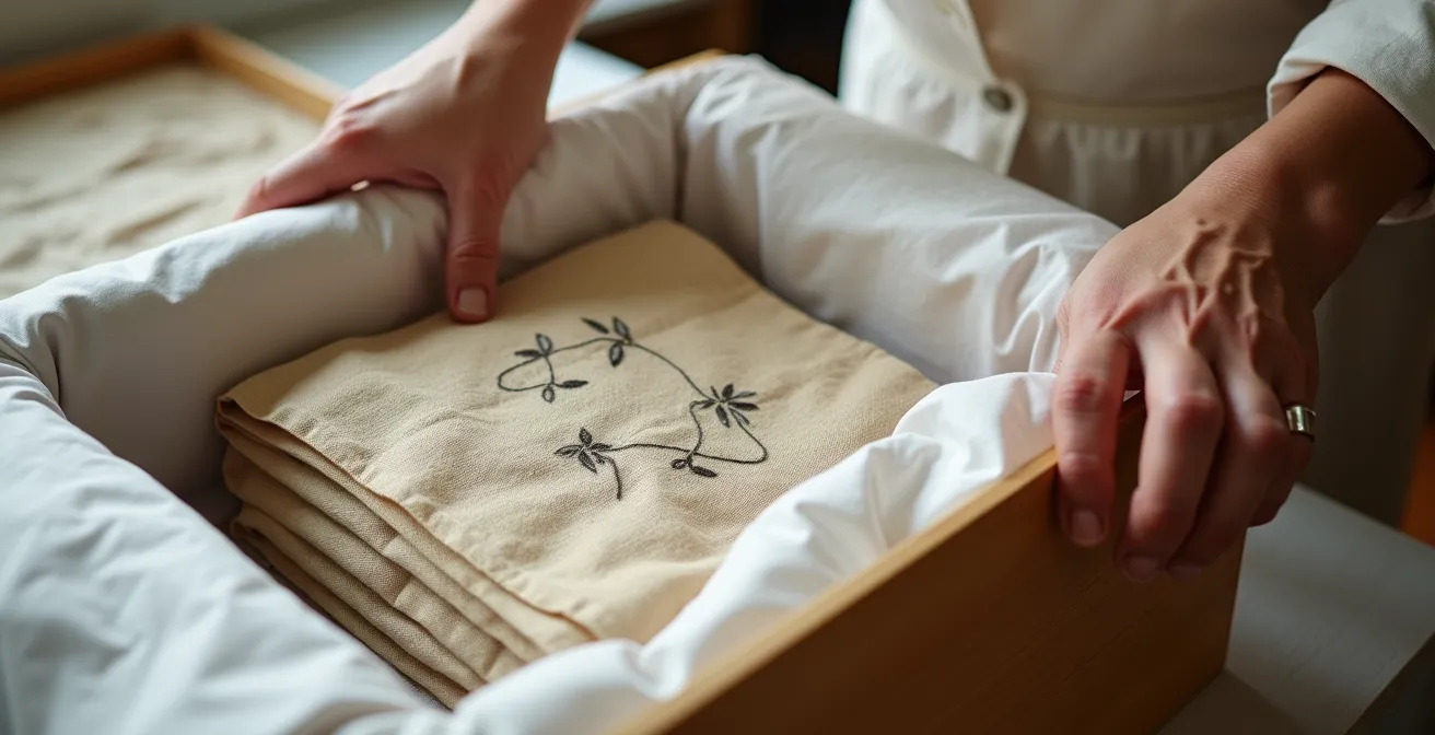 Antique linen carefully stored in an acid-free box with tissue paper in a climate-controlled environment