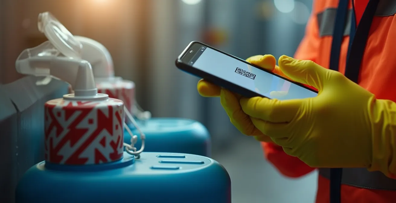 Worker scanning QR code on cleaning chemical container with smartphone showing safety information