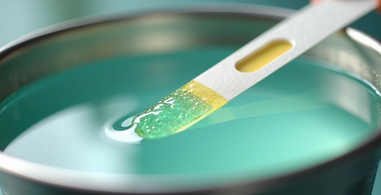 Macro shot of quaternary ammonium test strip changing color in sanitizer solution