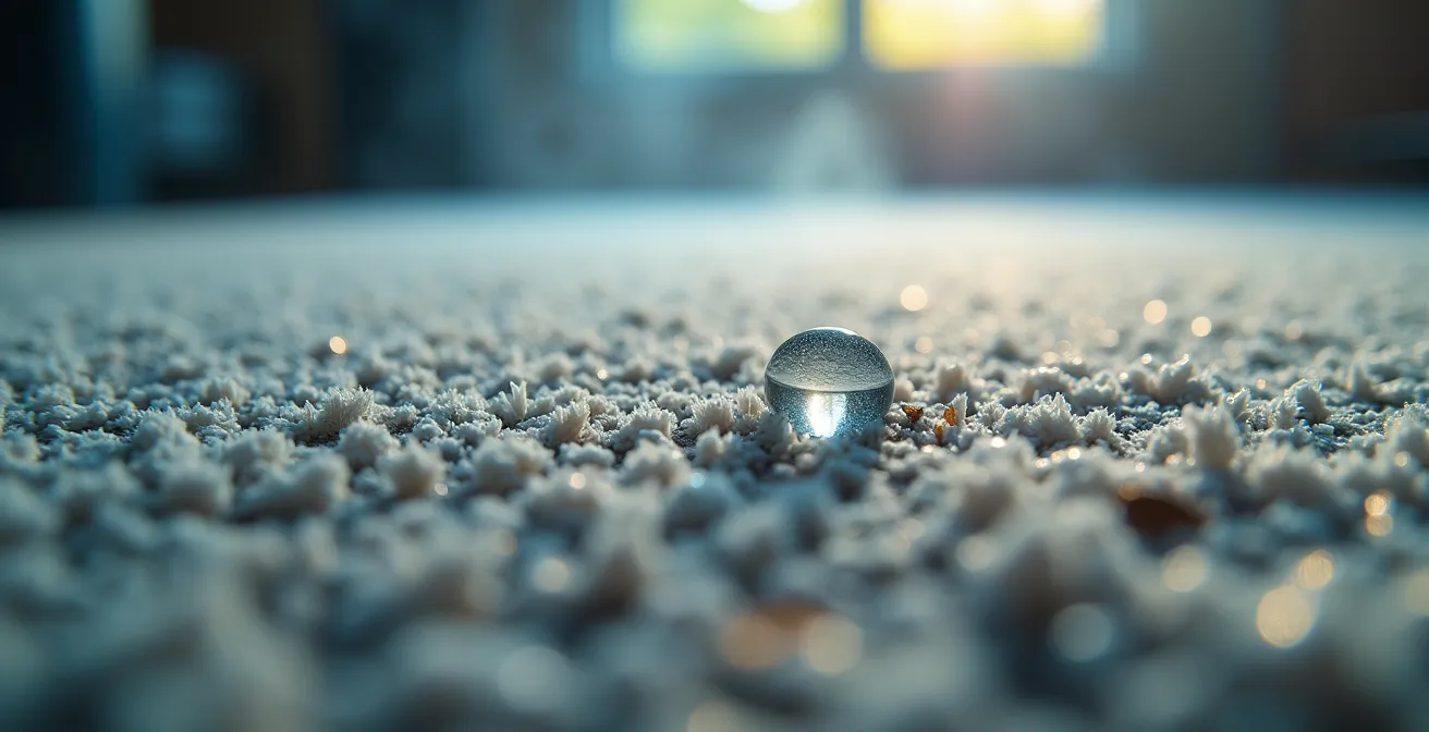 Professional moisture control equipment setup in Quebec basement showing dehumidifier and air movers positioned around carpet