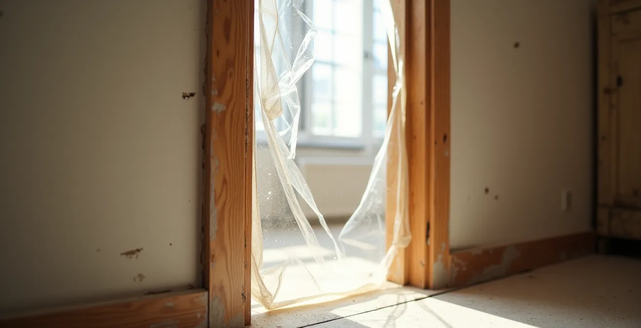 Close-up of plastic sheeting and sealed doorway during floor renovation in heritage Montreal building