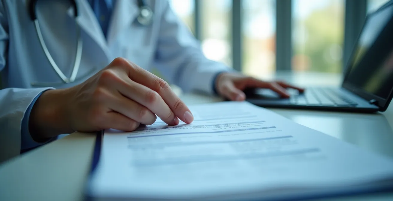 Close-up photograph of hands reviewing security clearance documents with blurred medical facility background