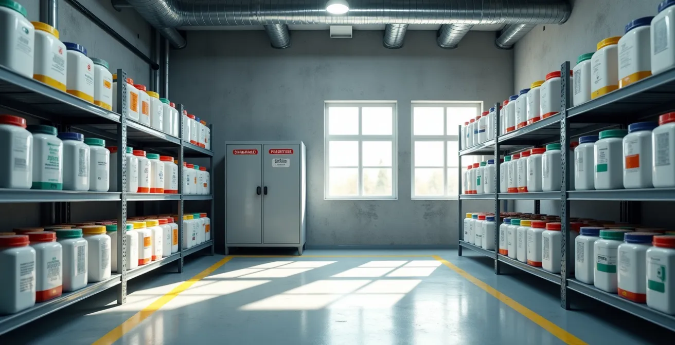 Well-organized janitor closet showing separated chemical storage areas with proper ventilation system