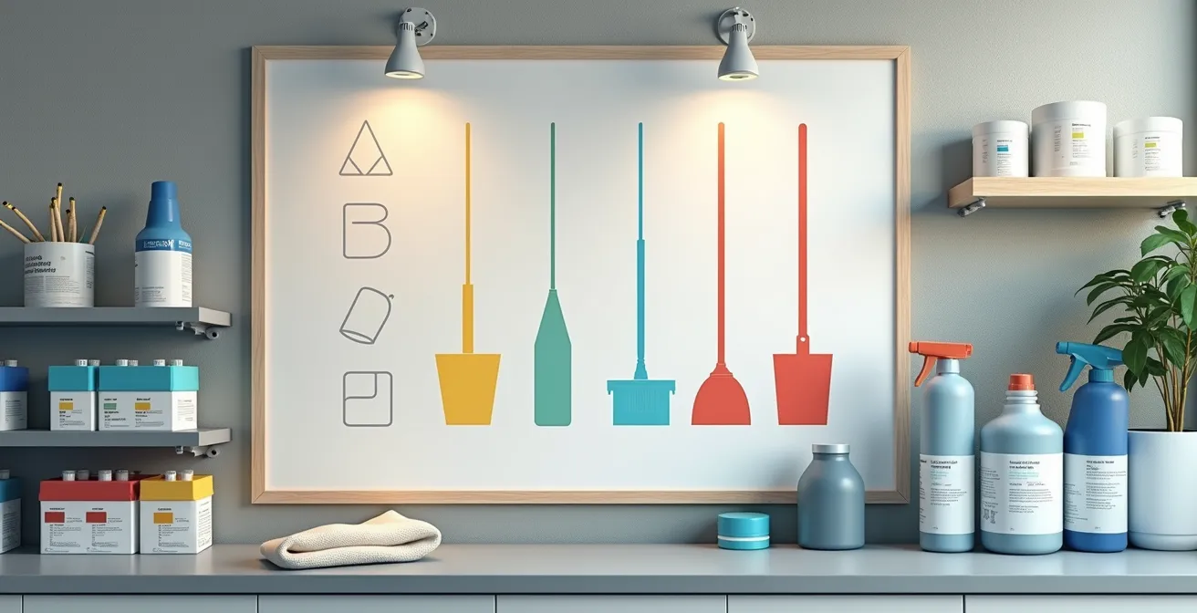 Professional shadow board system with color-coded cleaning tools in Quebec commercial facility