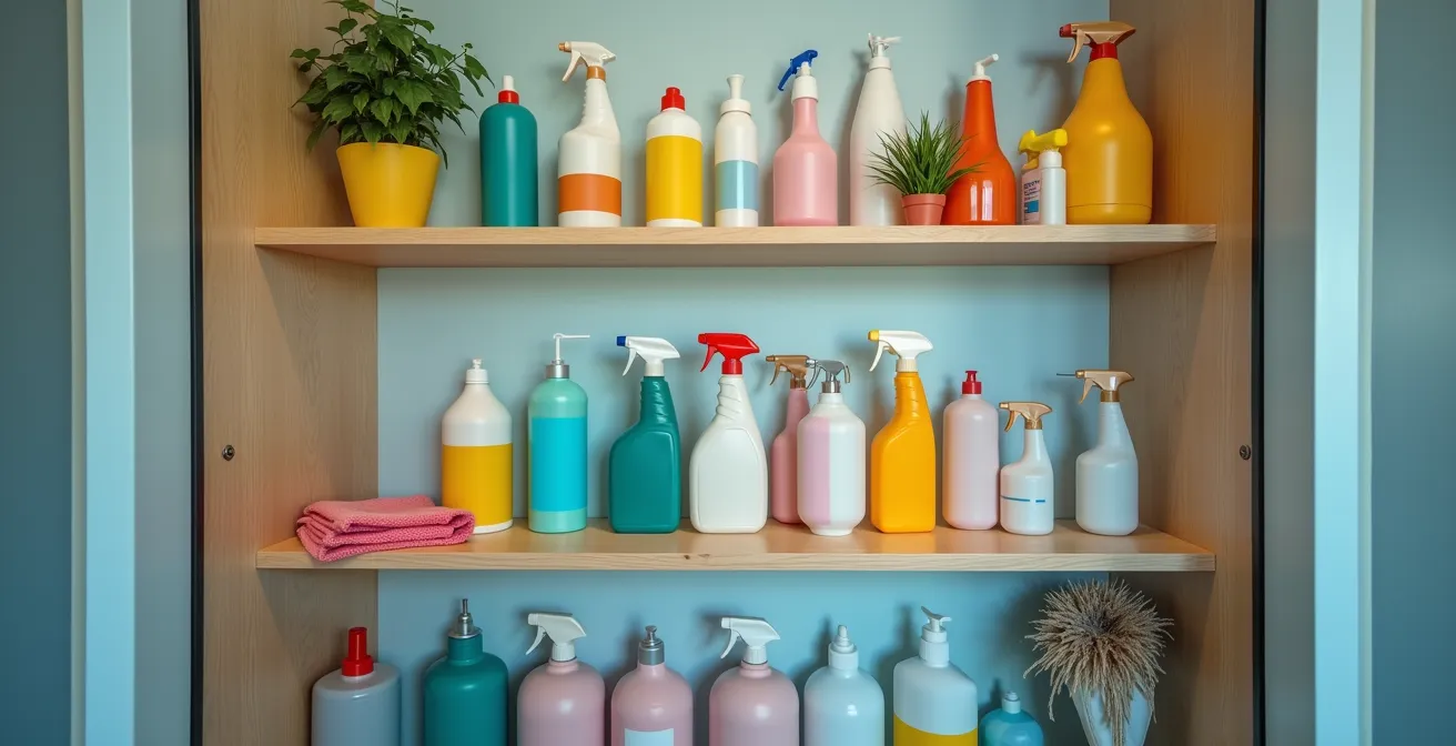 Minimalist cleaning supply closet interior showing organized shelves with neutral colored bottles and equipment, soft natural lighting