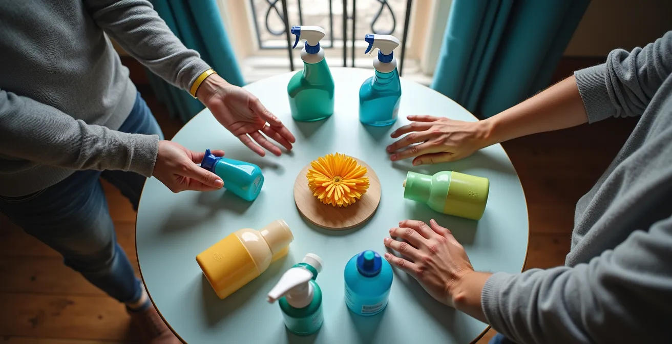 Neighbors discussing cleaning supplies budget in a typical Quebec triplex entrance