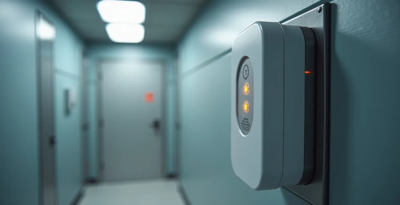 IoT sensors mounted on restroom ceiling monitoring air quality and traffic