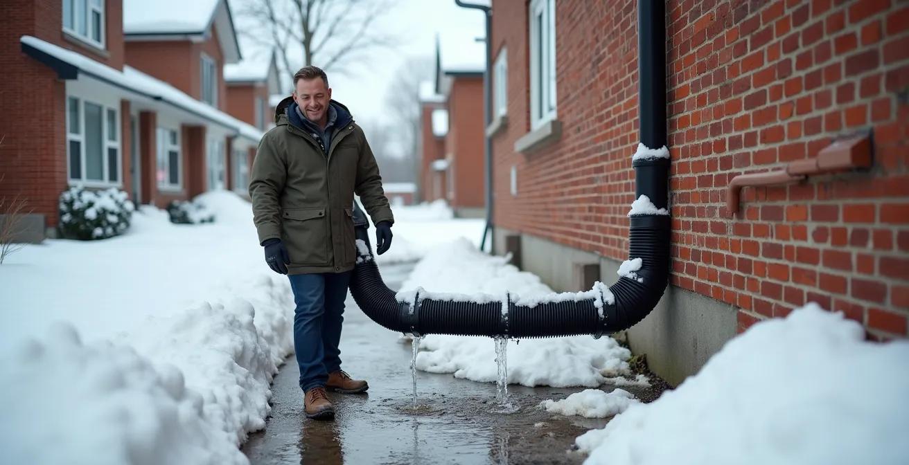Side view of Quebec home showing proper downspout extension directing spring meltwater away from foundation