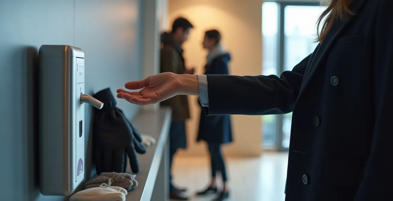 Strategic placement of hand sanitizing stations in Quebec office building showing optimal positioning after coat removal area