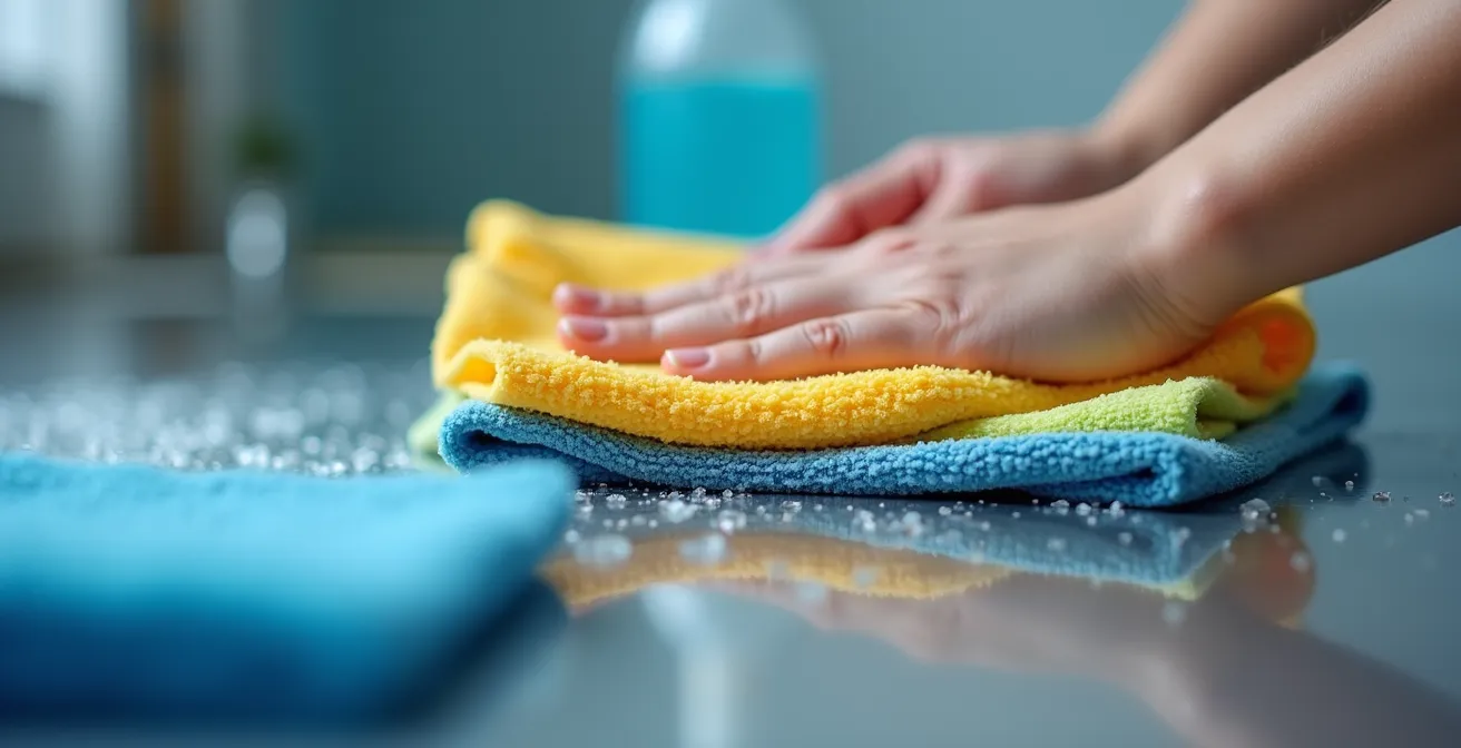 Extreme close-up of professional cleaning supplies showing simplified process flow
