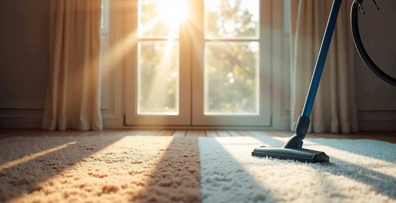 Split scene showing bright clean windows on left and professional carpet cleaning on right