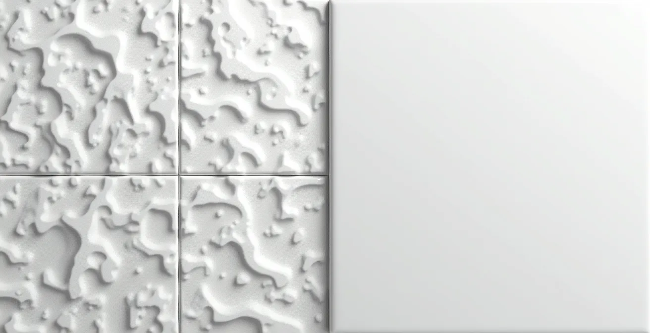 Split comparison showing soap scum on textured grout lines versus smooth ceramic tile