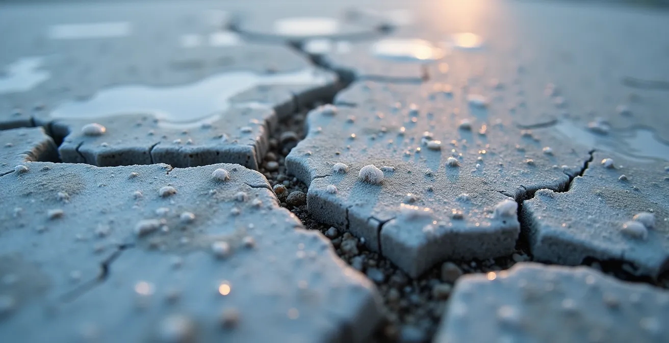 Macro view of concrete surface showing thermal shock damage patterns