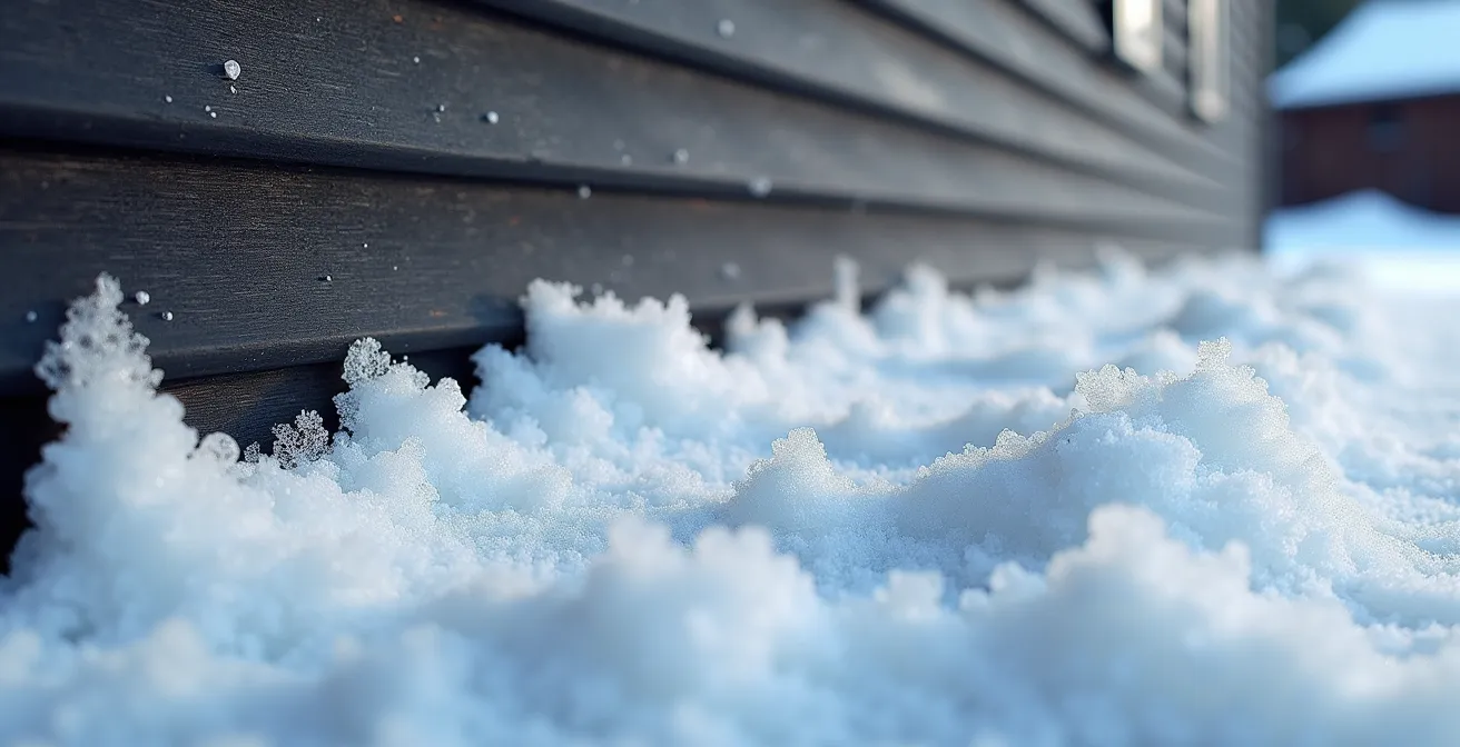 Three-panel macro shot showing different snow accumulation depths on surfaces