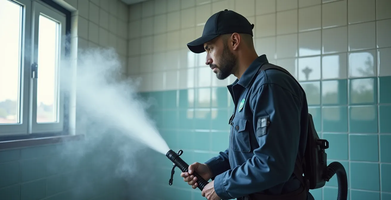 Cleaning professional using high-pressure spray system in commercial restroom