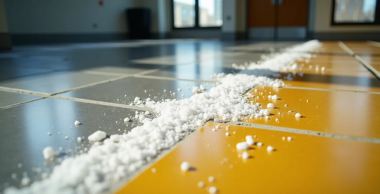 VCT flooring showing yellowing patterns from salt residue in a Quebec facility entrance