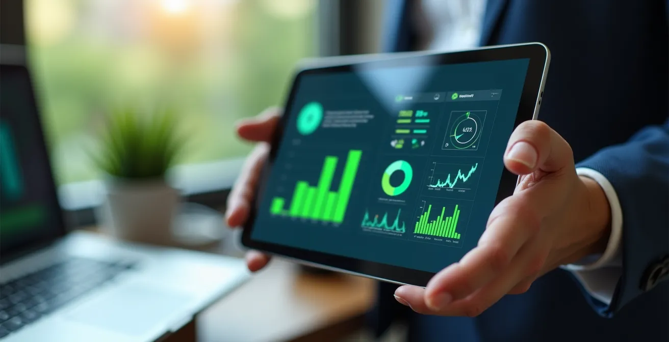 Close-up of hands holding tablet displaying colorful environmental savings dashboard with graphs