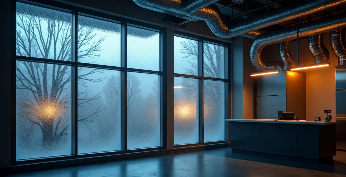 Industrial ventilation setup in a commercial space during winter floor maintenance, showing a negative air pressure system.