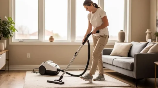 Professional house cleaner vacuuming a living room in a modern Mississauga home