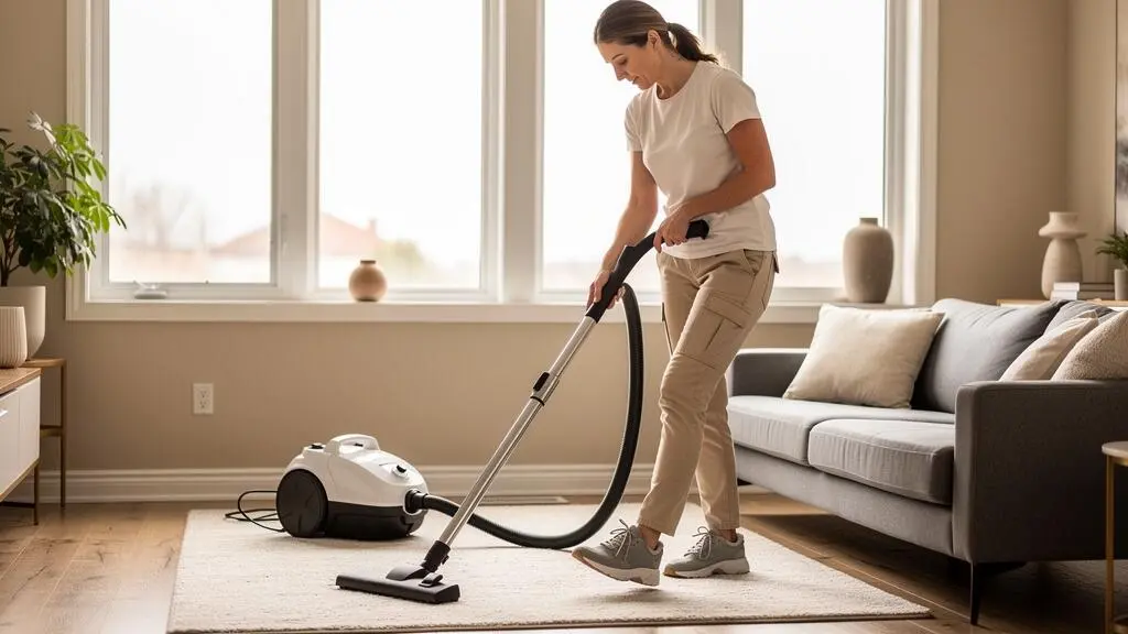 Professional house cleaner vacuuming a living room in a modern Mississauga home